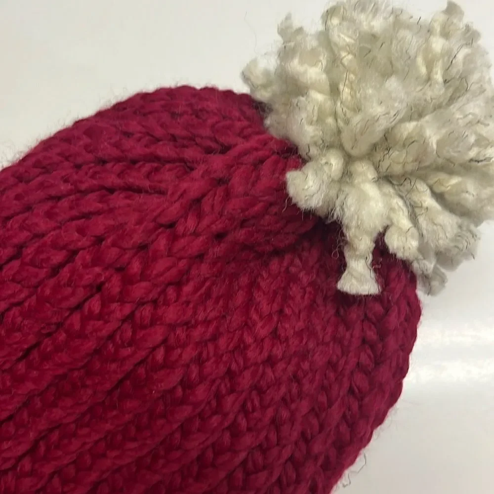 Homemade Wool & Acrylic Knitted Cranberry and Wheat Winter Hat Teen/Adult/Medium